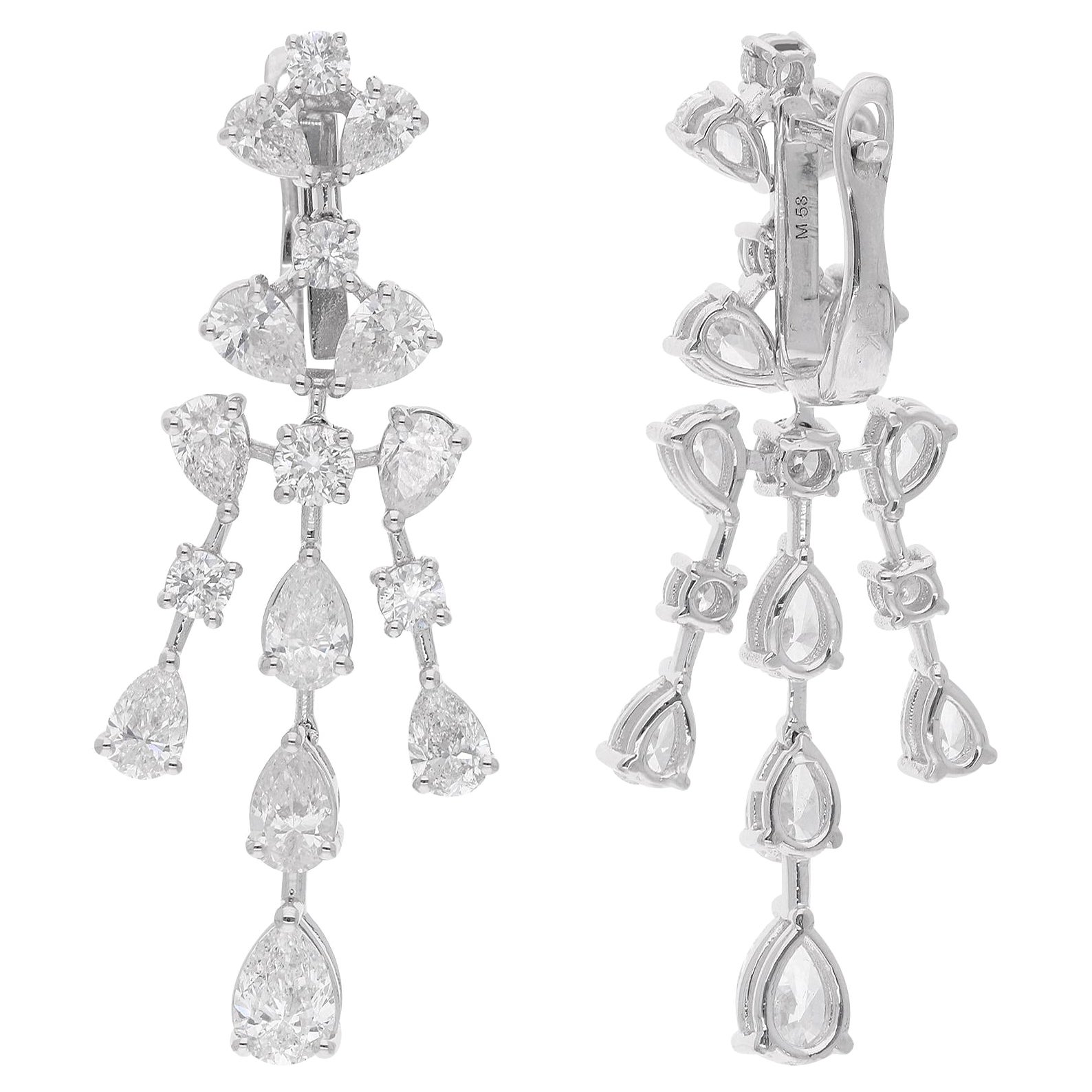 Round & Pear Shape Diamond Dangle Earrings 18 Karat White Gold Handmade Jewelry For Sale