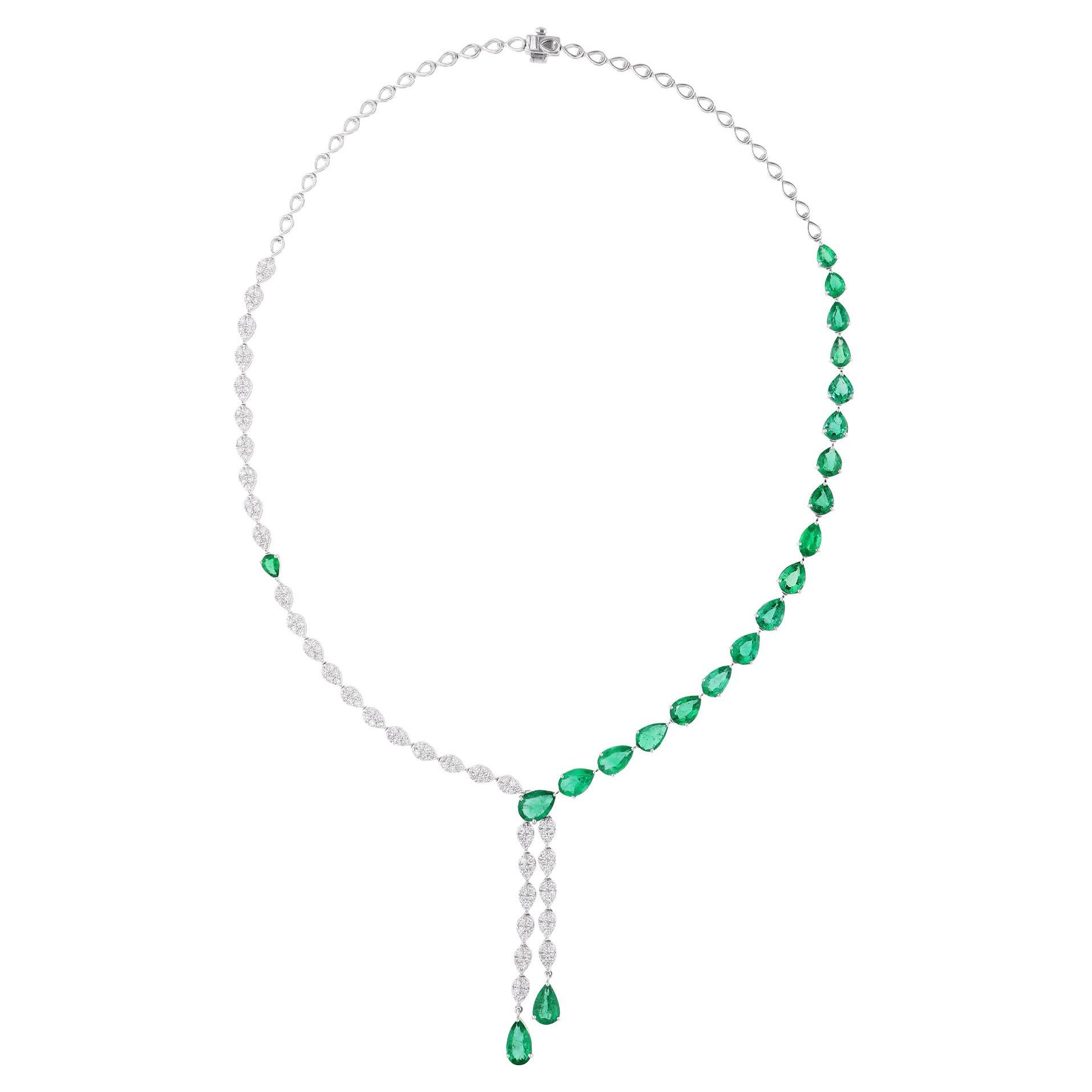 Natural Zambian Emerald Necklace Pear Diamond 18 Karat White Gold Fine Jewelry