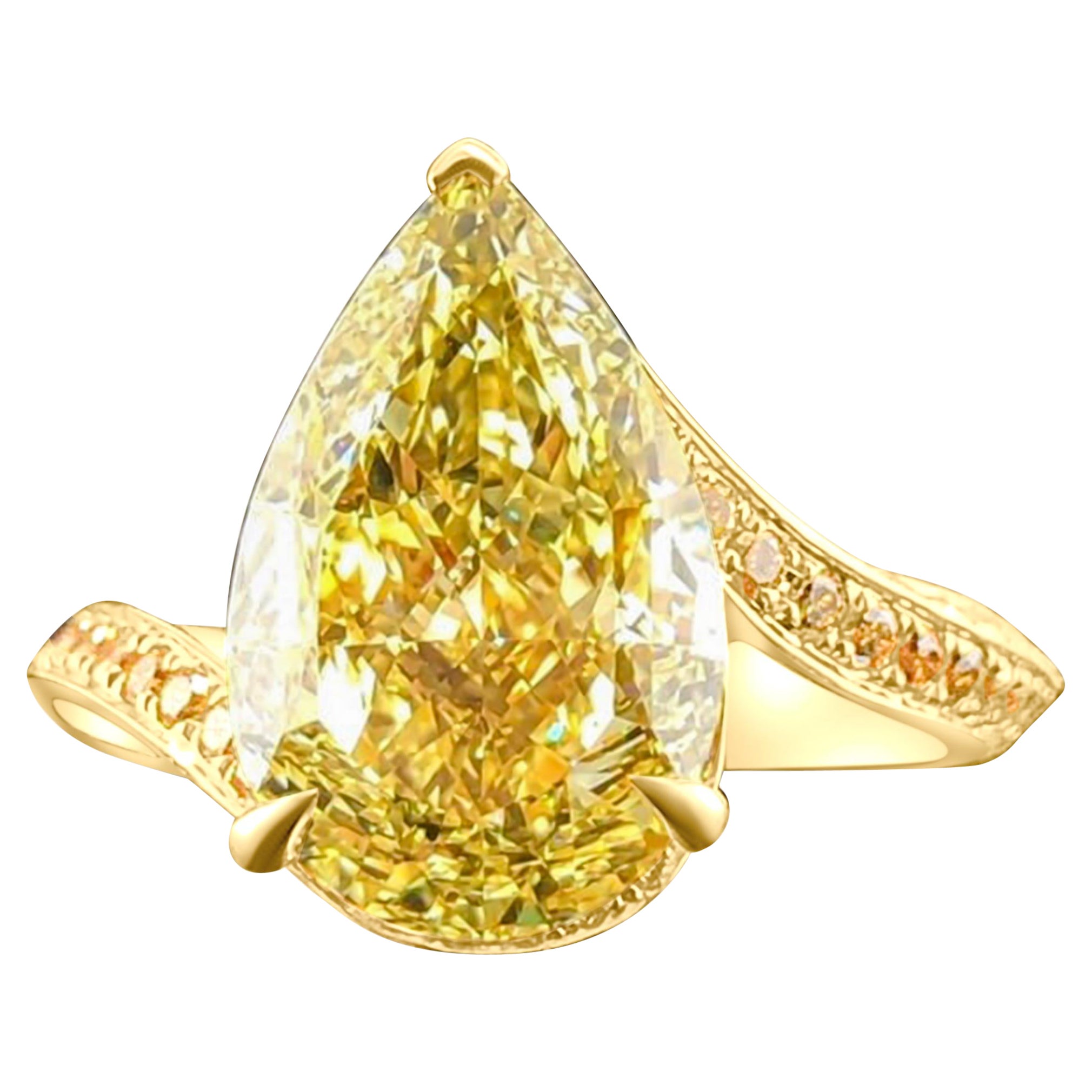 GIA Certified 5.23ct Pear Cut Yellow Minimalist Asymmetrical Diamond Engagement  For Sale