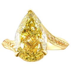 GIA Certified 5.23ct Pear Cut Yellow Minimalist Asymmetrical Diamond Engagement 