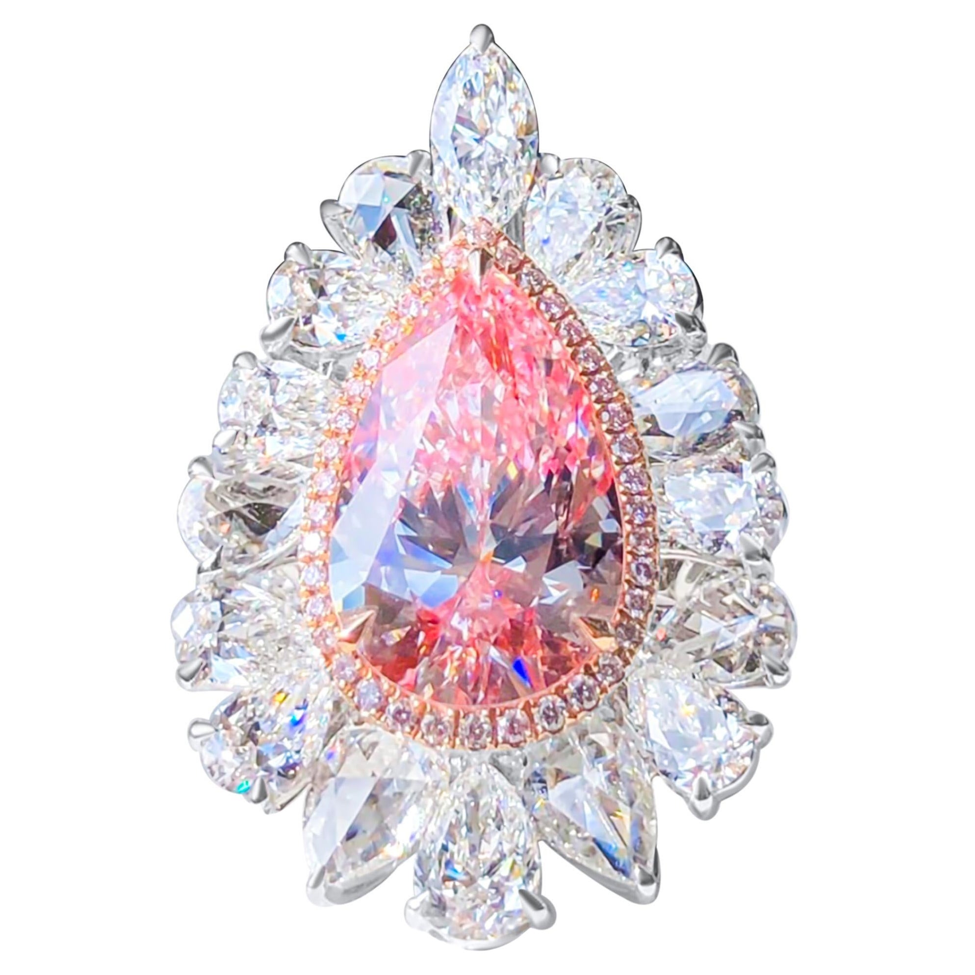 Bague à pendentif halo de diamants taille poire rose de 7 carats certifiés GIA