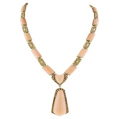 Halskette mit Anhänger, Vintage 14k Gold 18" Intarsien, Engelshaut Koralle mit Drahtarbeitsgliedern