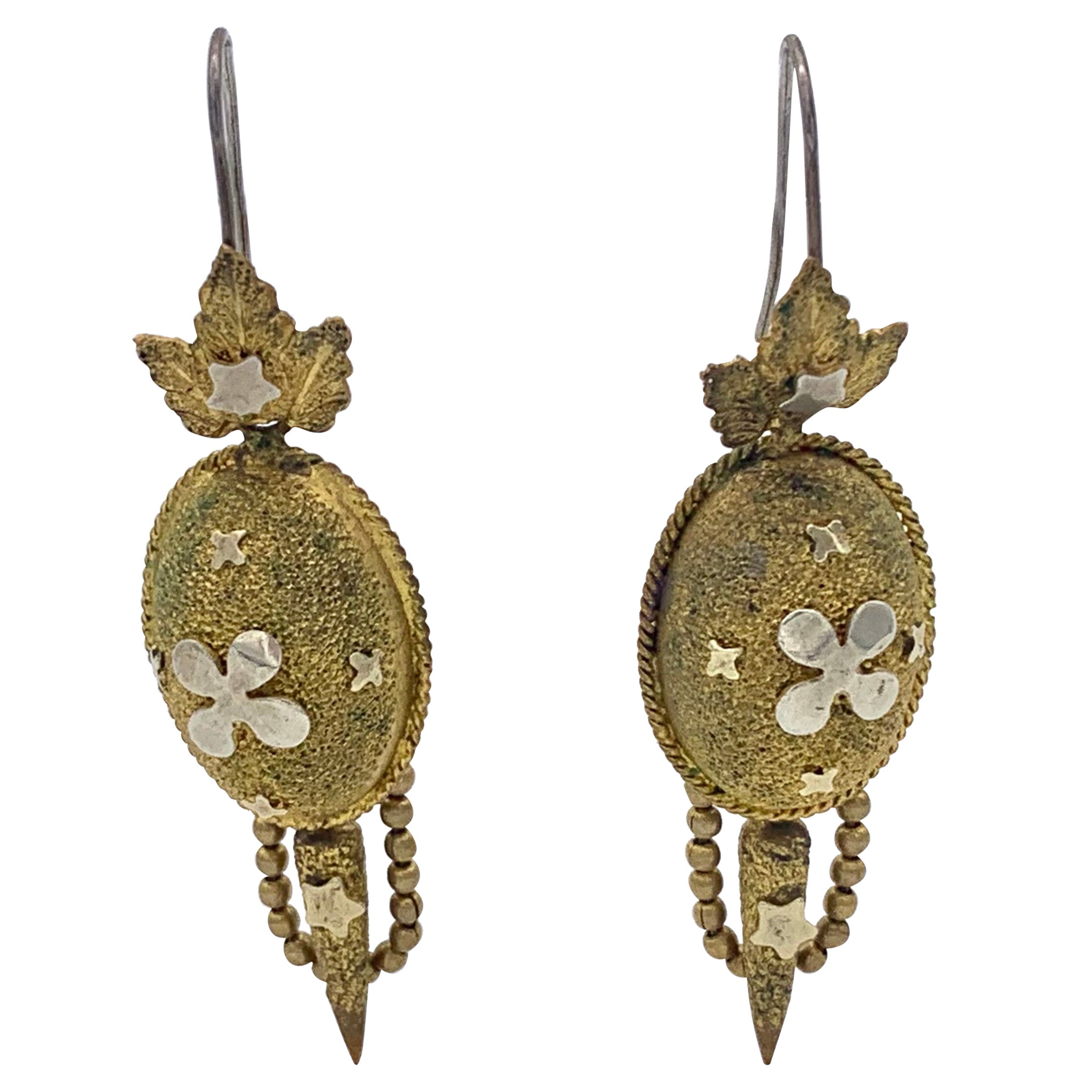 Antique Victorian Dangle Earrings  Two Colour Gilt Metal Tassels Leaves Flowers