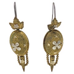 Antique Victorian Dangle Earrings  Two Colour Gilt Metal Tassels Leaves Flowers