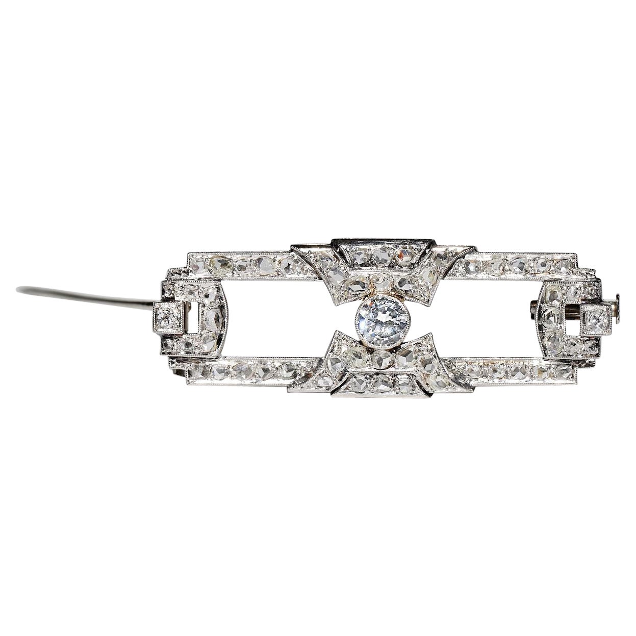 Antique Art Deco 1920 Platinum And 14K Gold Natural Diamond Decorated Brooch For Sale