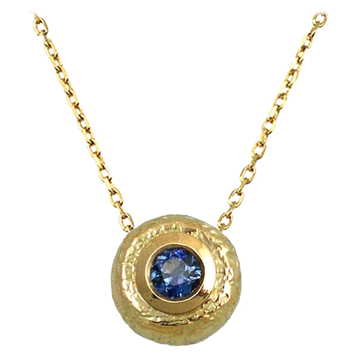 Blue Sapphire 18 Karat Textured Yellow Gold Round Pendant by K.MITA For Sale