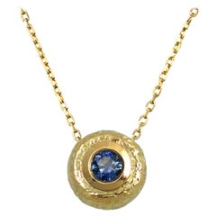 Blue Sapphire 18 Karat Textured Yellow Gold Round Pendant by K.MITA