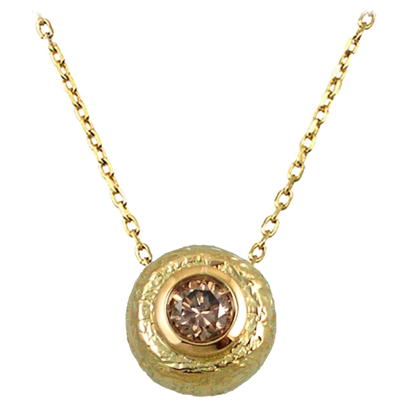Brown Diamond 18 Karat Textured Yellow Gold Round Pendant by K.MITA
