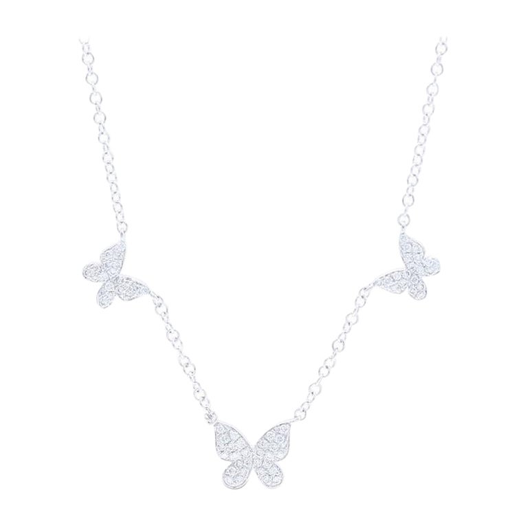 0.22 Ct Diamonds in 14K White Gold Gazebo Fancy 3 Unit Butterfly Necklace For Sale