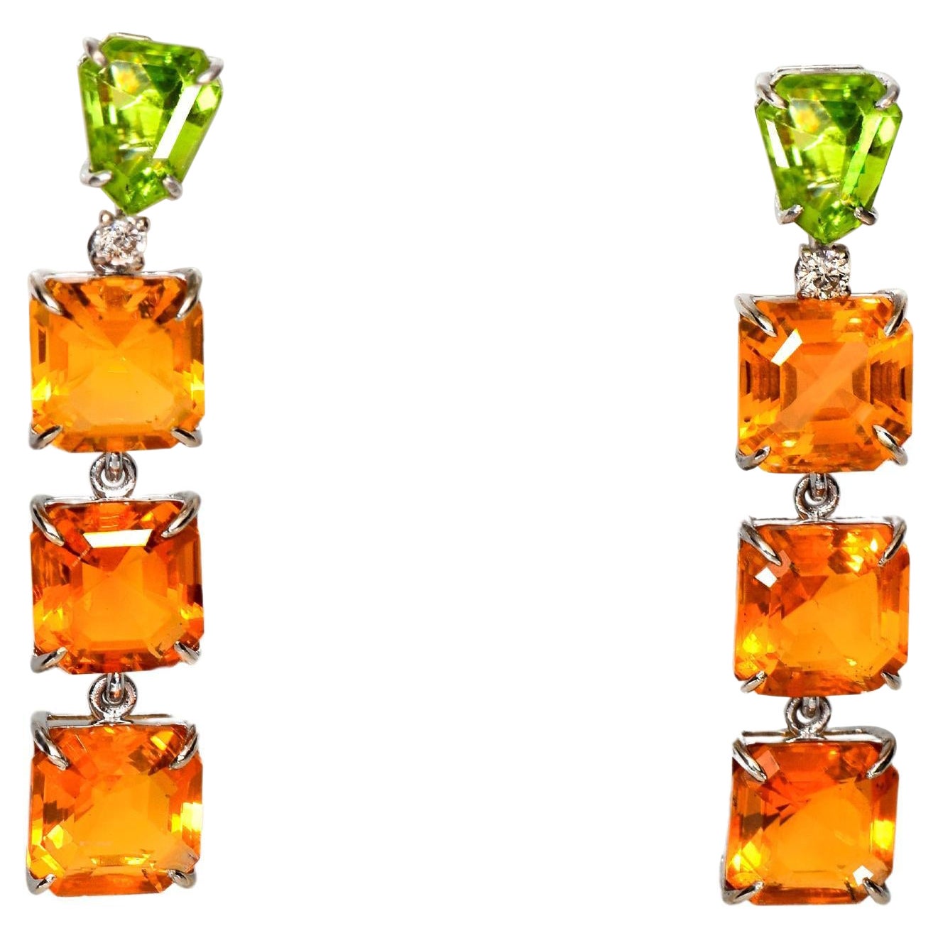 *NRP*IGI 14K 6.86 Carat Orange Fire Opal&Peridot Antique Art Deco Drop Earrings