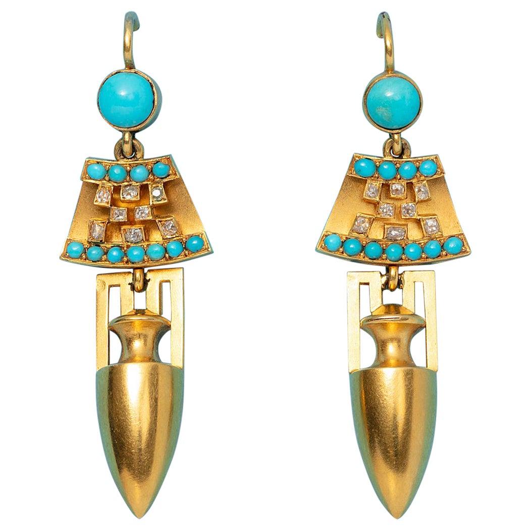 15 Carat Gold Neo-Etruscan Earrings with Turquoise and Diamonds