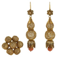 Antique Chinese Gold and Coral Earrings and Brooch Suite