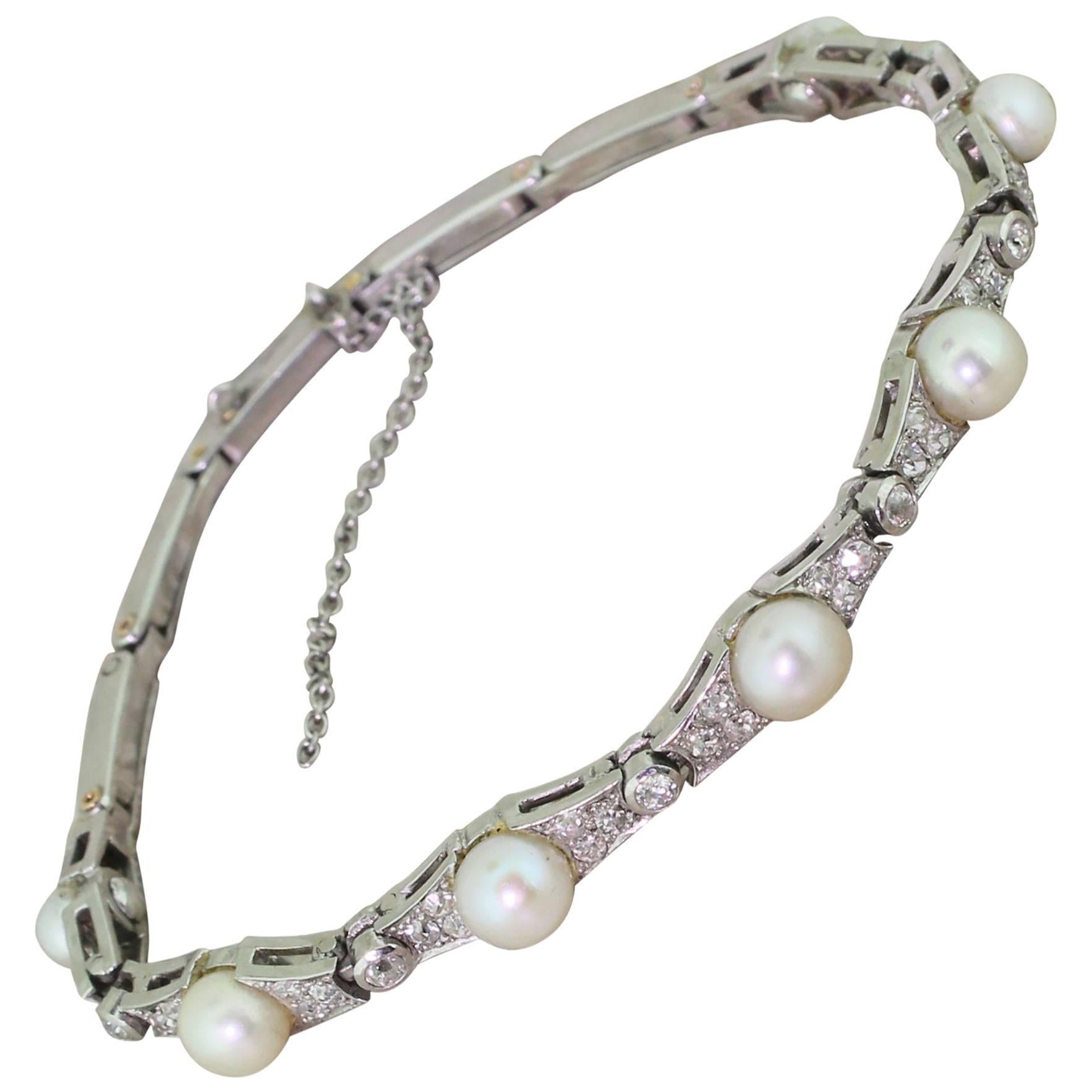 Mid Century Natural Saltwater Pearl & Diamond Bracelet, circa 1945 For Sale