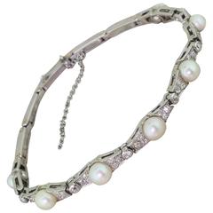 Mid Century Natural Saltwater Pearl & Diamond Bracelet, circa 1945