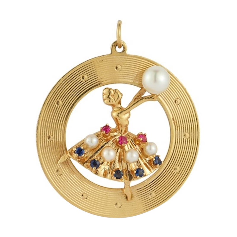 Grande breloque de ballerine danseuse vintage en or 14 carats tournée, perles et saphirs en vente