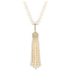 LB Exclusive 18K Yellow Gold 1.55ct Diamond and Pearl Tassel Necklace