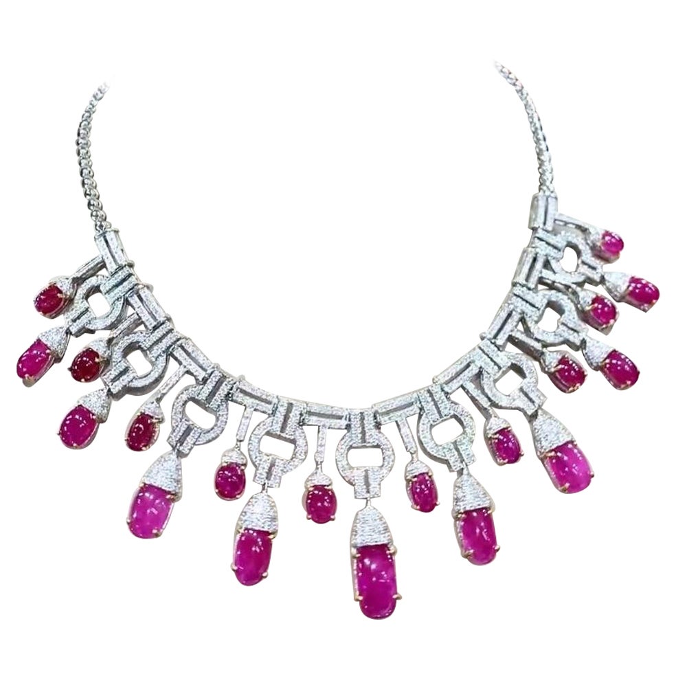 AIG Certified 75.20 Carats Burma Rubies  8.20 Ct Diamonds 18K Gold Necklace  For Sale