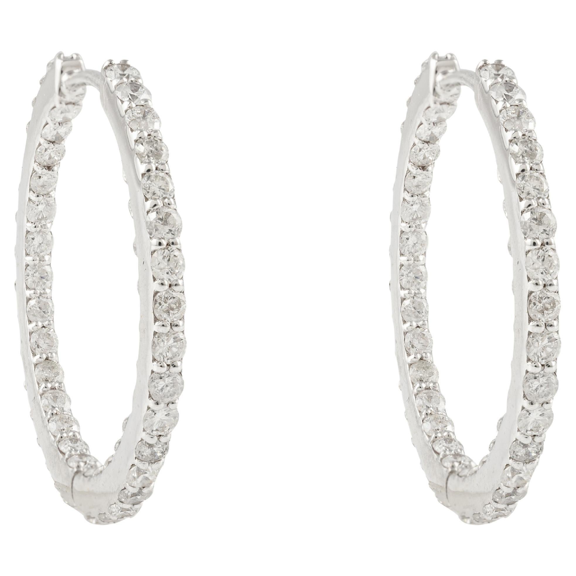 2.8 Carat Hoop Diamond Earrings For Women Studded in 18k Solid White Gold For Sale