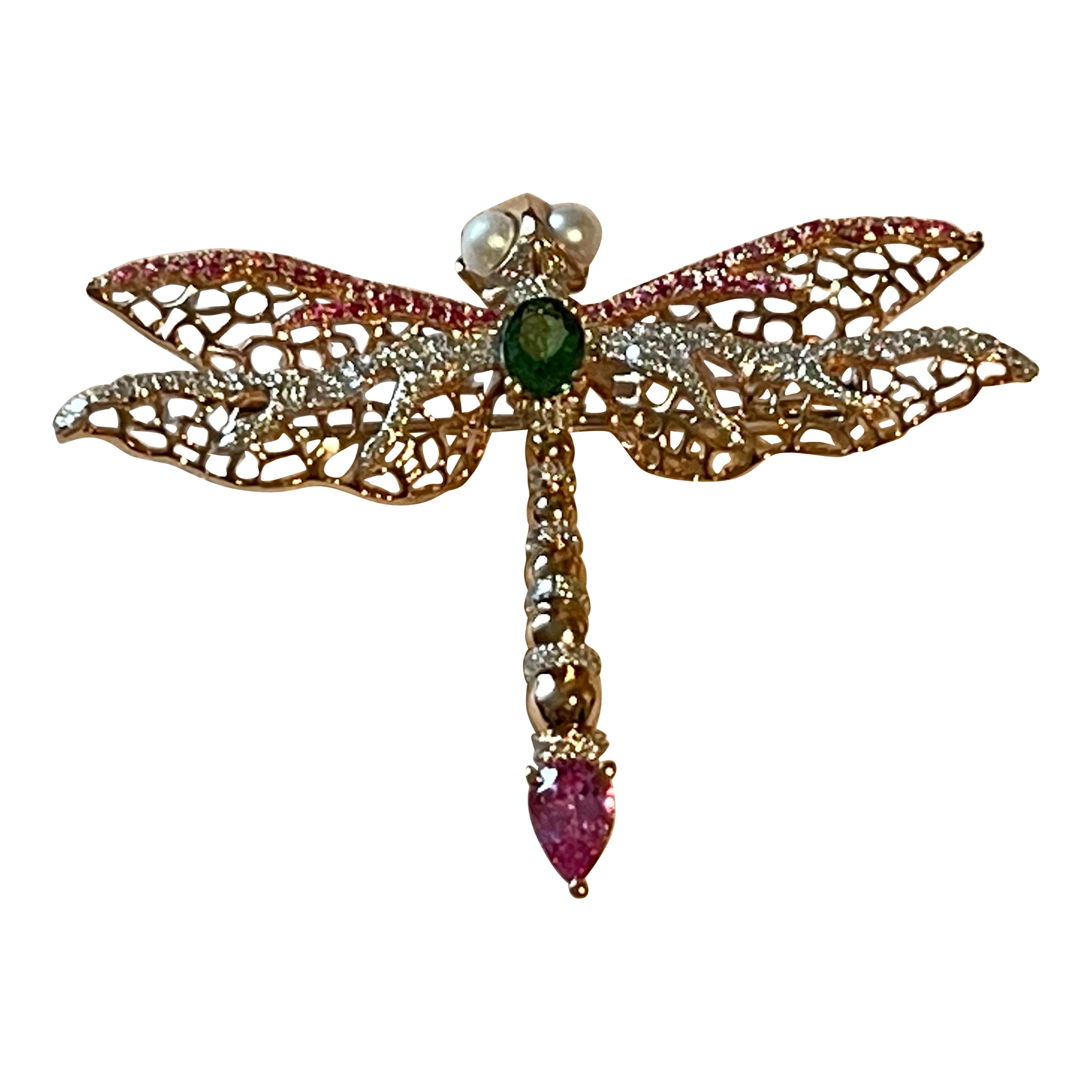 18 K rose Gold openwork  Dragonfly brooch pink Sapphire Tsavorite Diamond Pearl