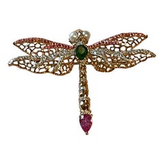 Or rose 18 K ajouré  Broche libellule rose saphir tsavorite diamant perle