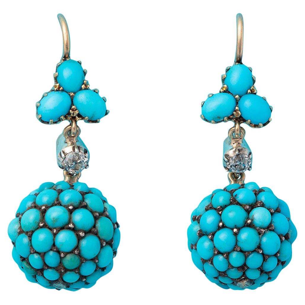 A Pair of 14 Carat Gold Turquoise and Diamond Ball Earrings For Sale