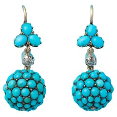 Antique A Pair of 14 Carat Gold Turquoise and Diamond Ball Earrings