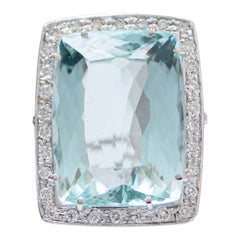Vintage Aquamarine, Diamonds,  14 Karat White Gold Ring.