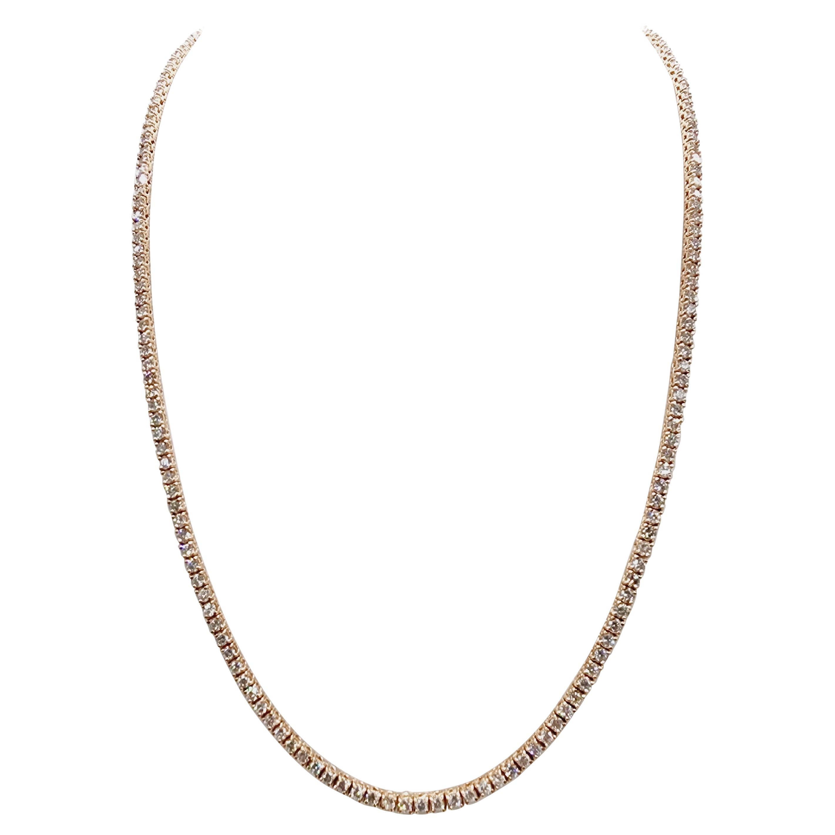 6.50 Carat Round Brilliant Cut Diamond Tennis Necklace 14 Karat Rose Gold 16'' For Sale