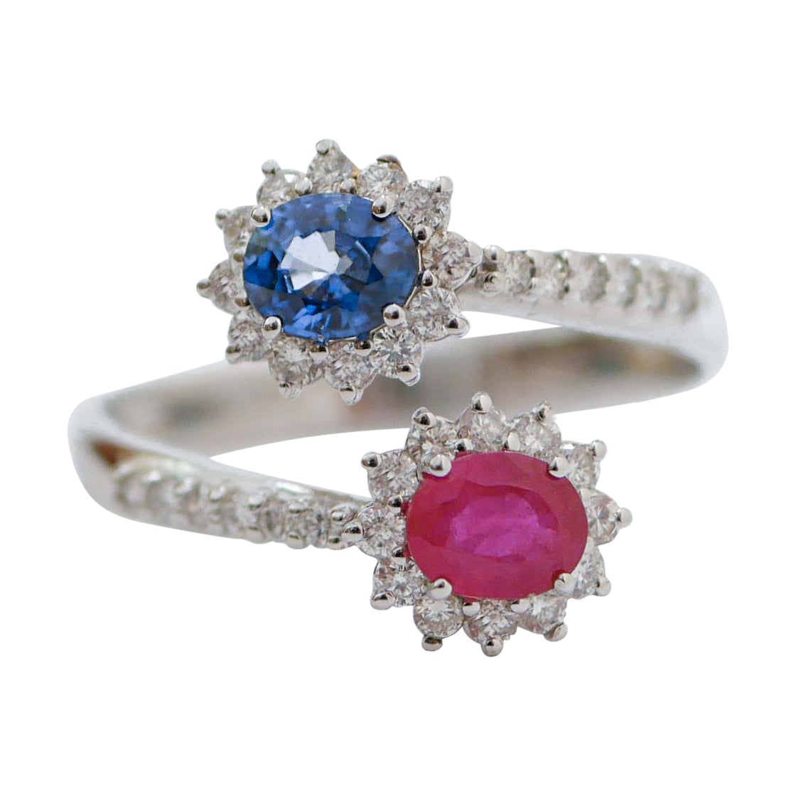 Sapphire, Ruby, Diamonds, 18 Karat White Gold Modern Ring. For Sale
