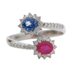 Sapphire, Ruby, Diamonds, 18 Karat White Gold Modern Ring.