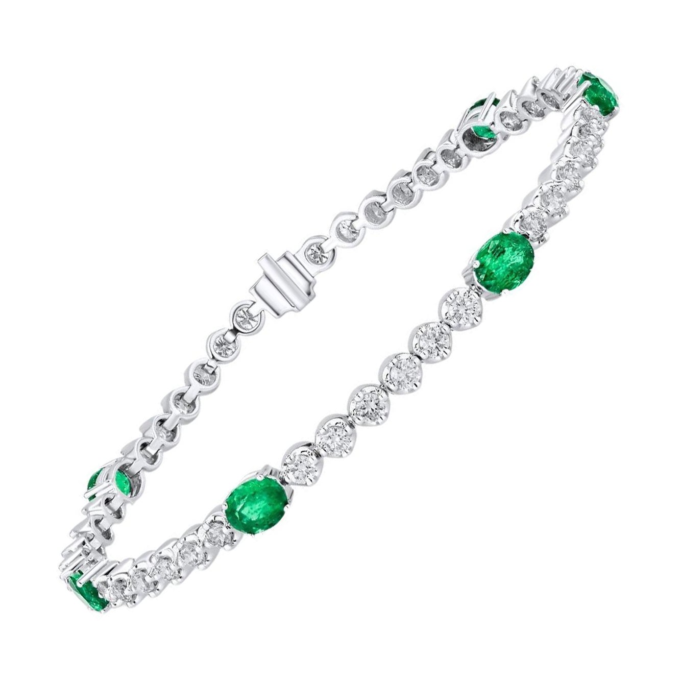 2.70 Carat Oval Cut Emerald and Diamond Tennis Bracelet in 14k White Gold ref504 For Sale