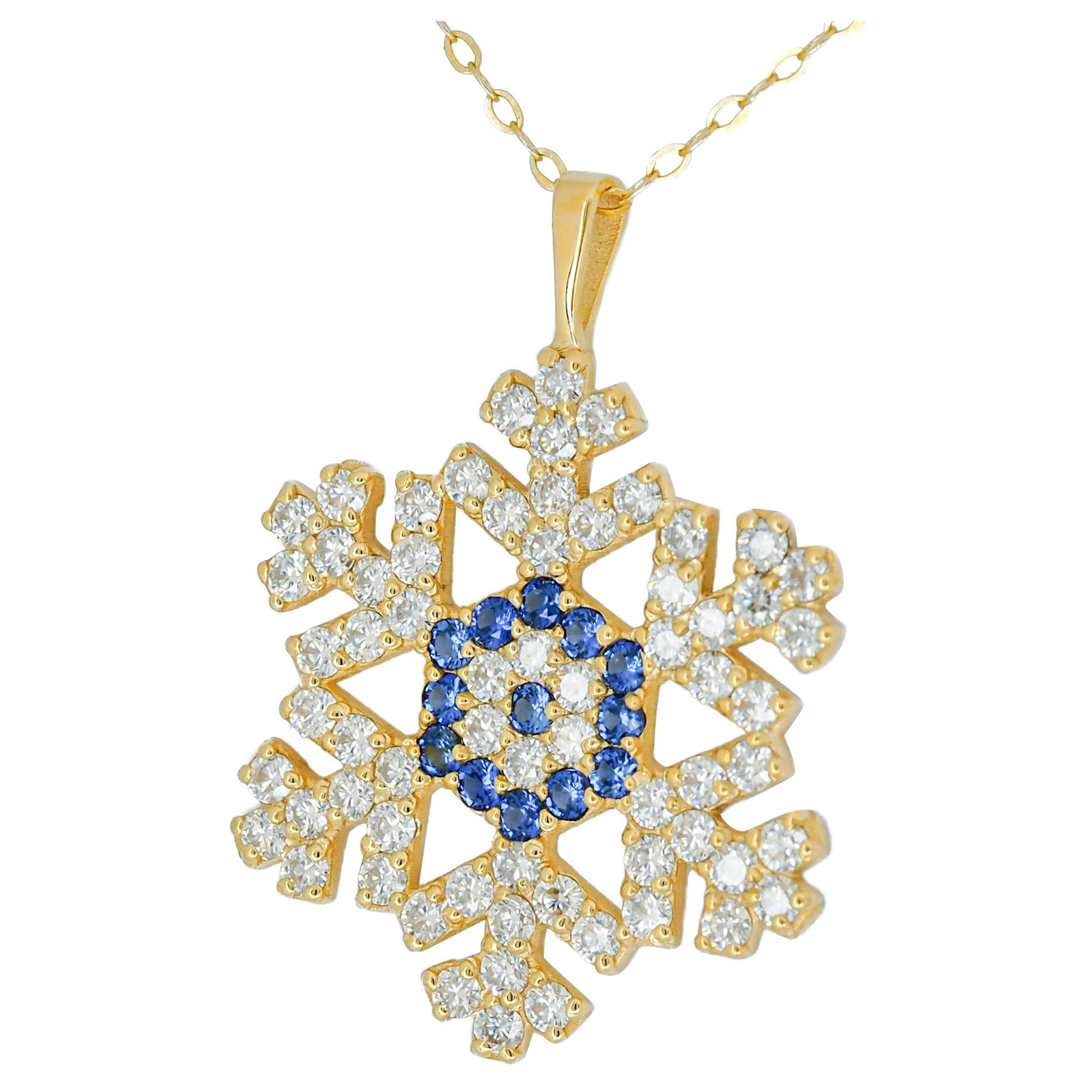 Snowflake charm necklace in 14k solid gold. Gold Snowflake Pendant.  For Sale