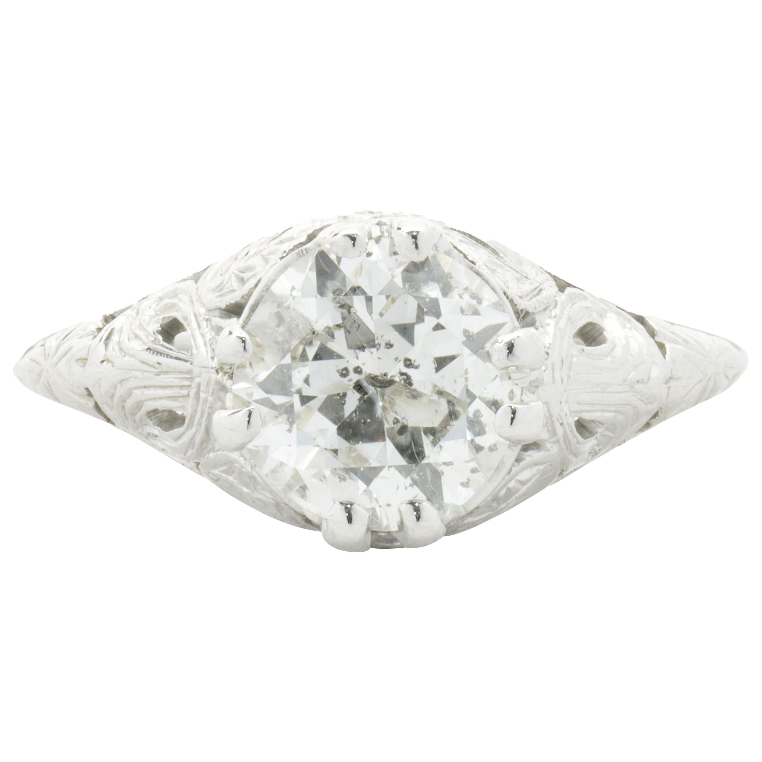 18 Karat White Gold Round European Cut Diamond Engagement Ring For Sale