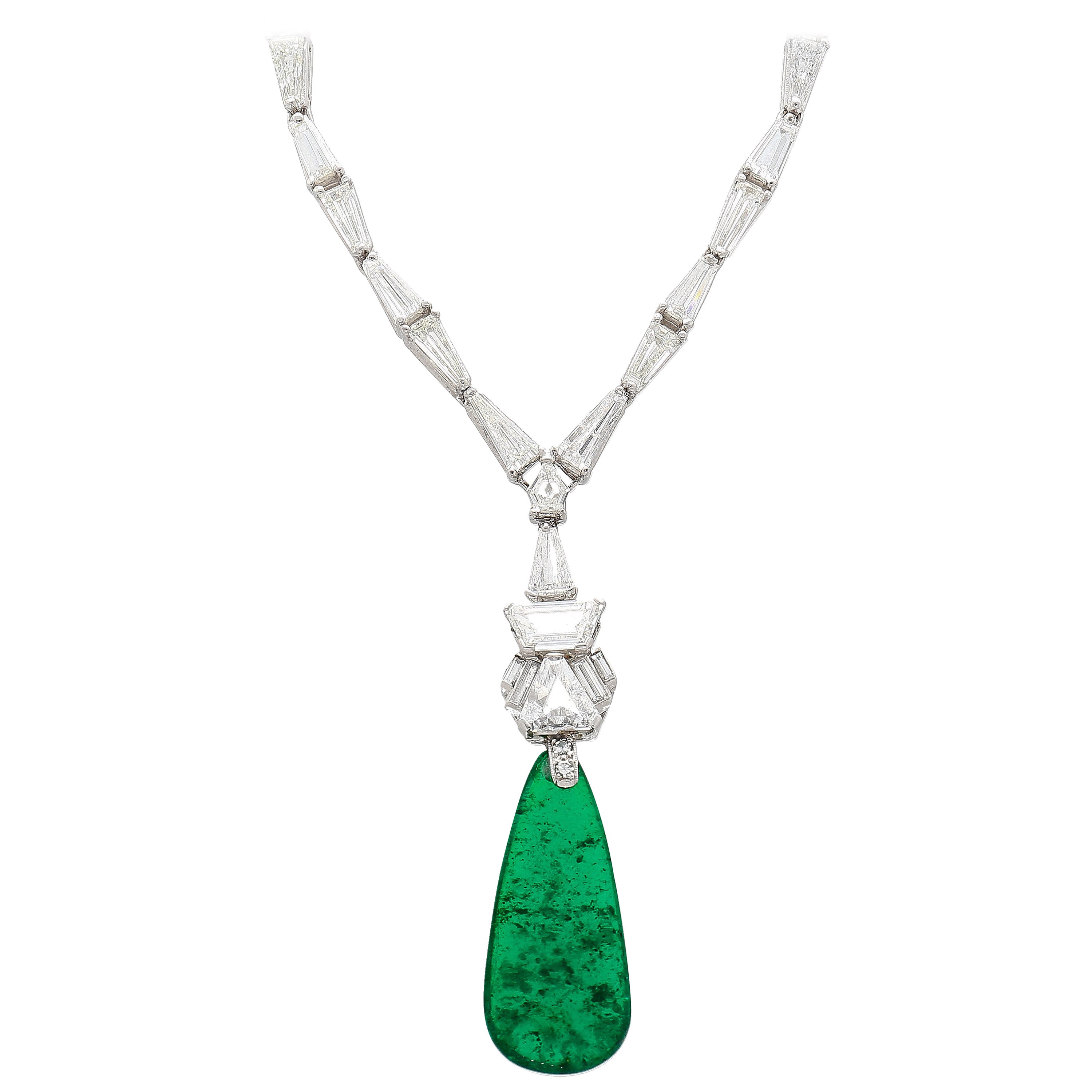 40 Carat Old Mine Colombian Drop Emerald & Baguette Diamond 18K Gold Necklace For Sale