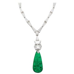40 Carat Old Mine Colombian Drop Emerald & Baguette Diamond 18K Gold Necklace
