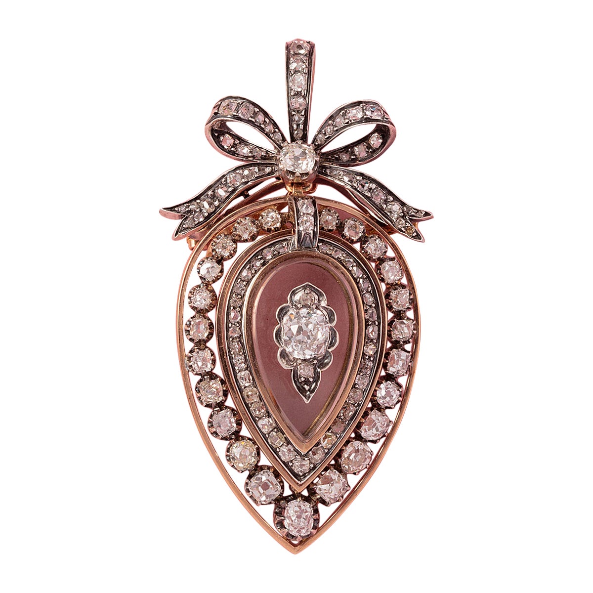 Gold and silver heart locket with diamond and rock crystal For Sale