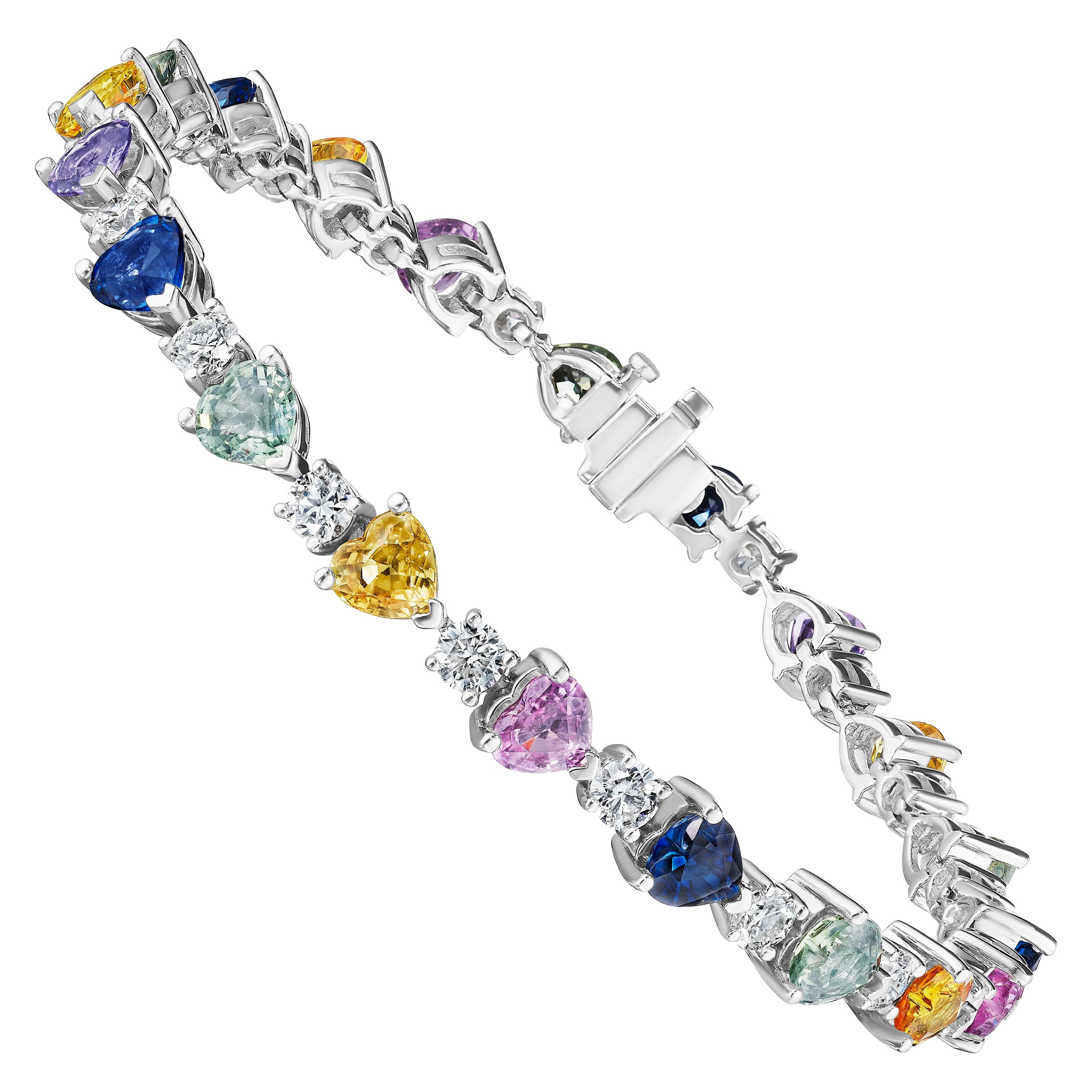 13.45ct Mixed Color Heart Shape Sapphire & Diamond Bracelet in 18KT Gold For Sale