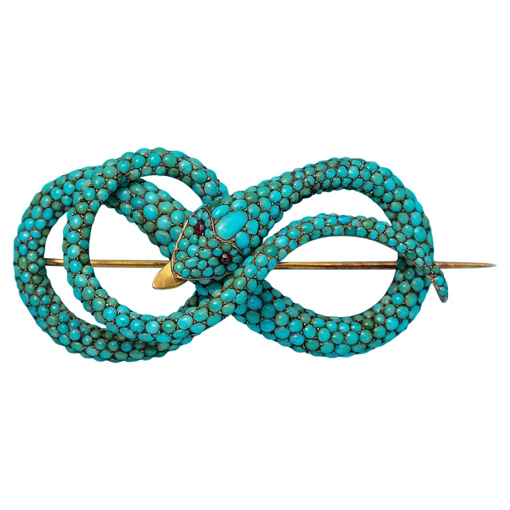 Gold Snake Brooch with Turquoise For Sale