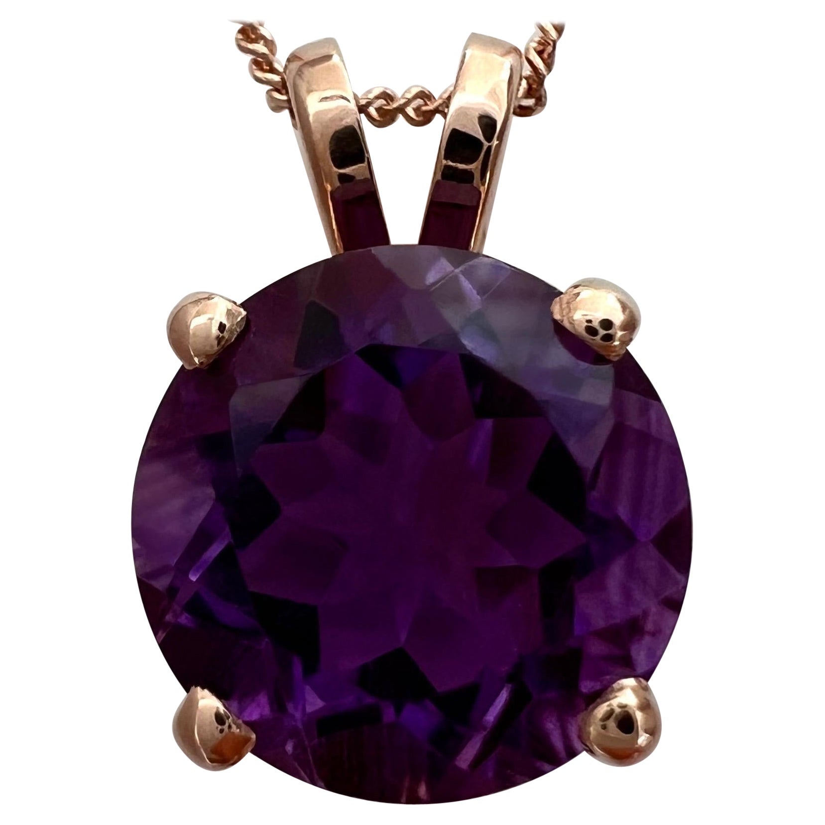 4.02ct Deep Purple Amethyst Round Brilliant 14k Rose Gold Pendant Necklace 10mm For Sale
