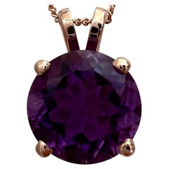 Used 4.02ct Deep Purple Amethyst Round Brilliant 14k Rose Gold Pendant Necklace 10mm
