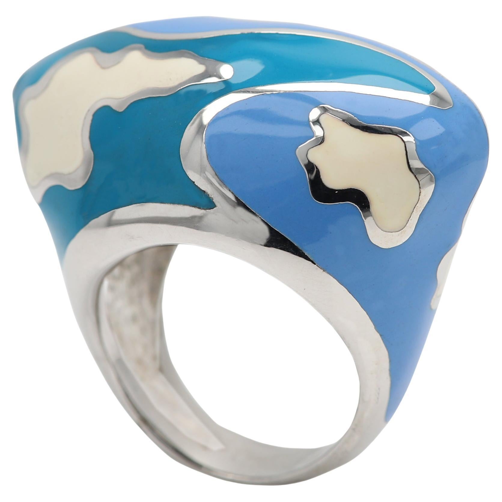 Gaudi Art Inspired Ring Sterling Silver Made in Italy Fine Art Enamel Ring For Sale
