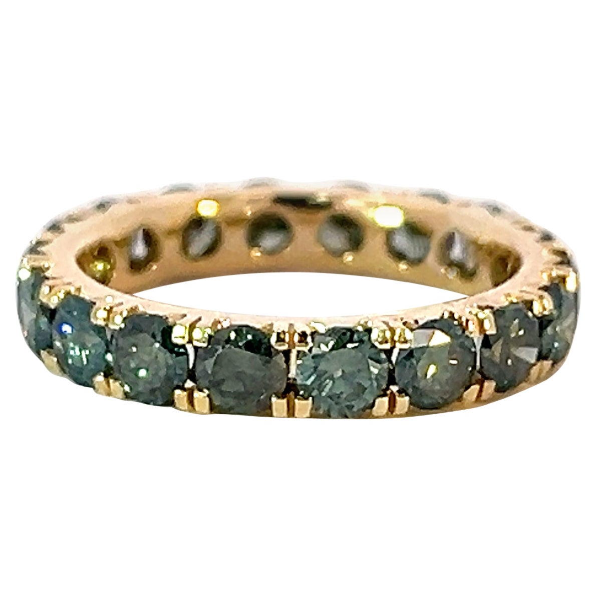 Rare Classic 14k Yellow Gold 3.02 Carat Teal Green Diamond Eternity Band Ring For Sale