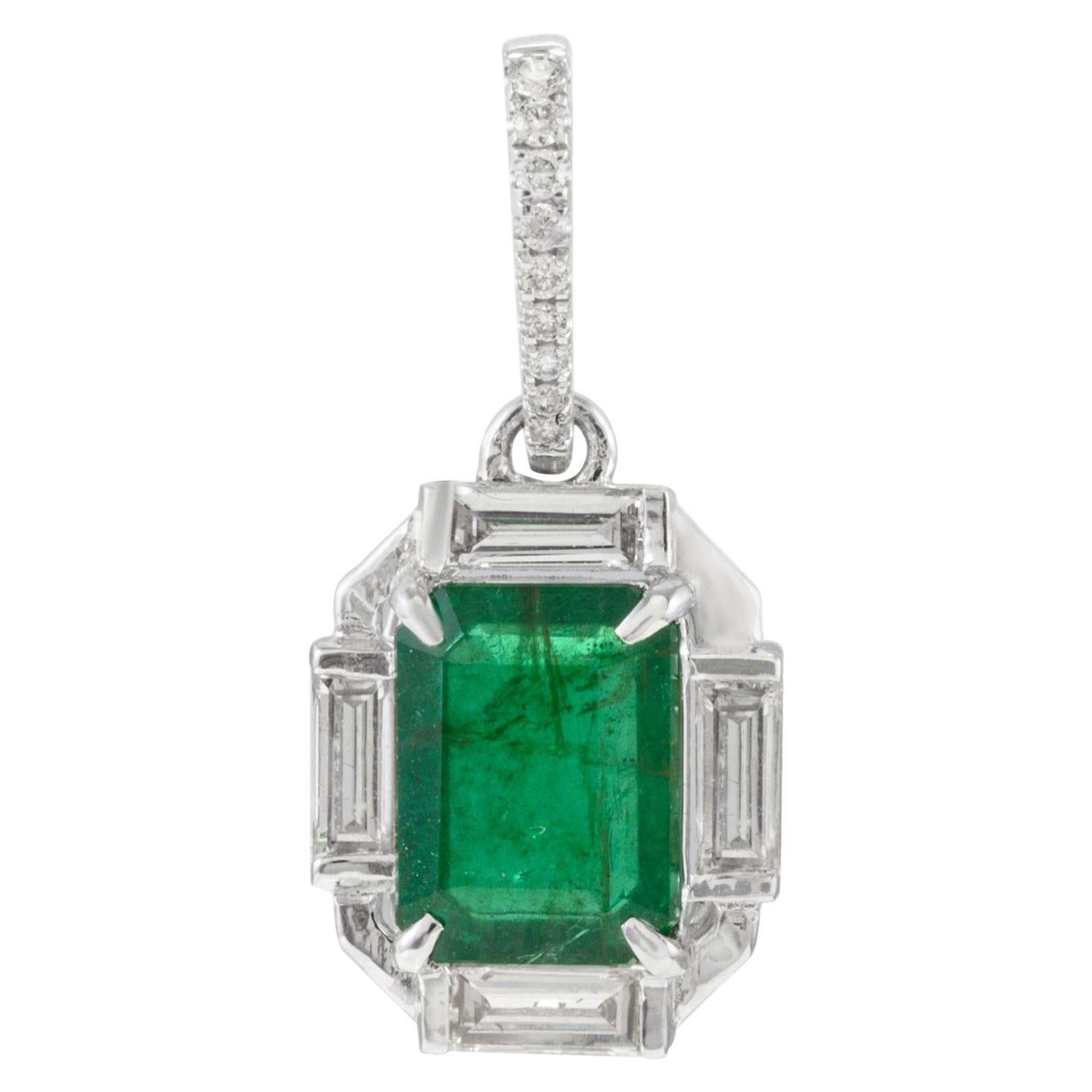 Art Deco 1.26 Carat Octagon Cut Emerald Diamond Halo Pendant White Gold 18 Karat