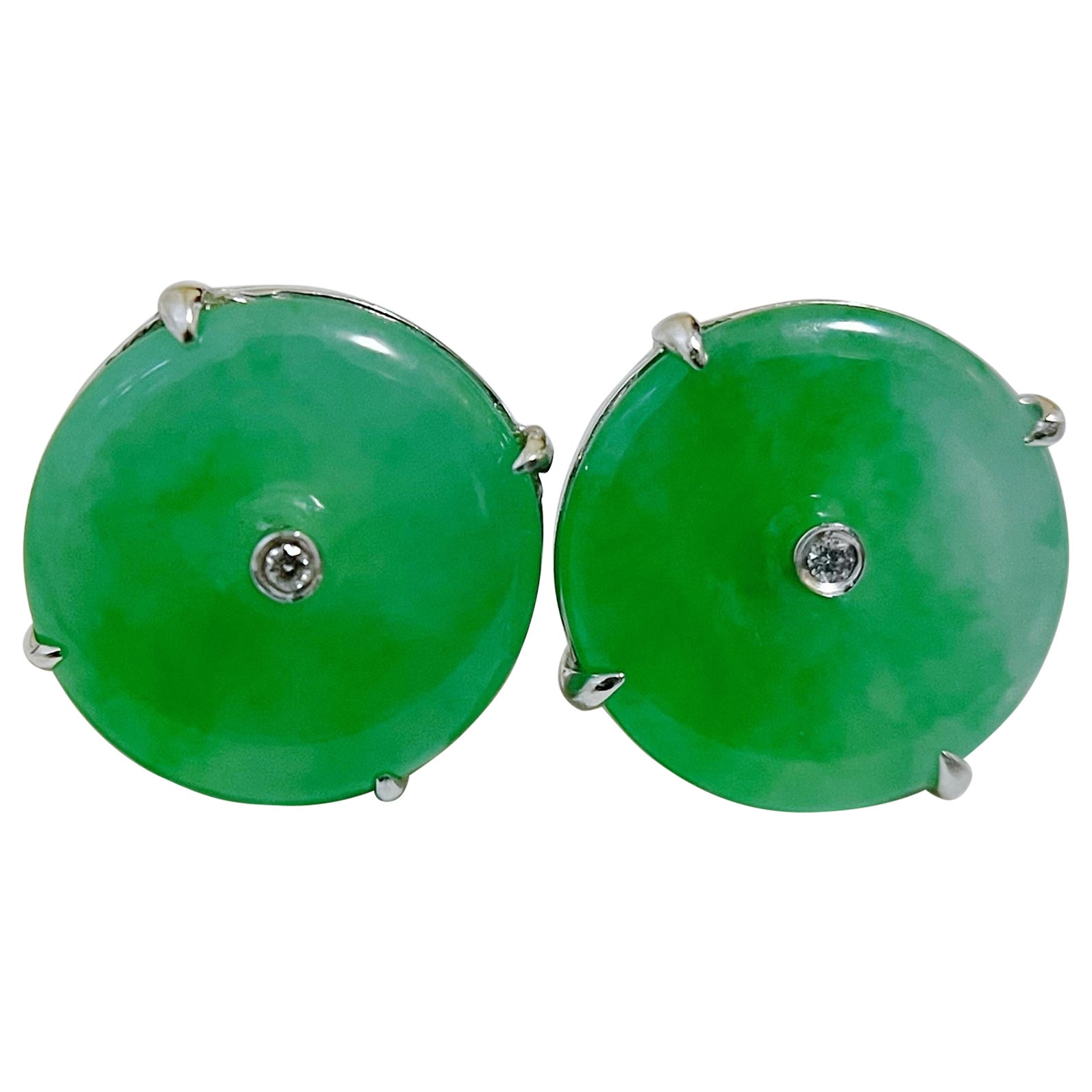 Natural Myanmar Imperial Green Donut Jade Earrings in 18K White Gold