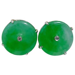 Used Natural Myanmar Imperial Green Donut Jade Earrings in 18K White Gold