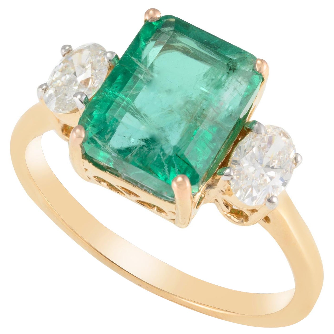 For Sale:  18k Yellow Gold Certified 2.87 CTW Octagon Emerald and Diamond Three Stone Ring