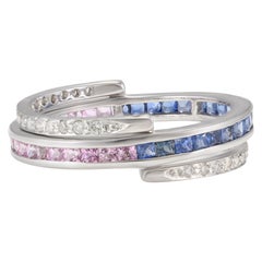 Natural Multi Sapphire and Diamond Reversible Ring 18k Solid White Gold