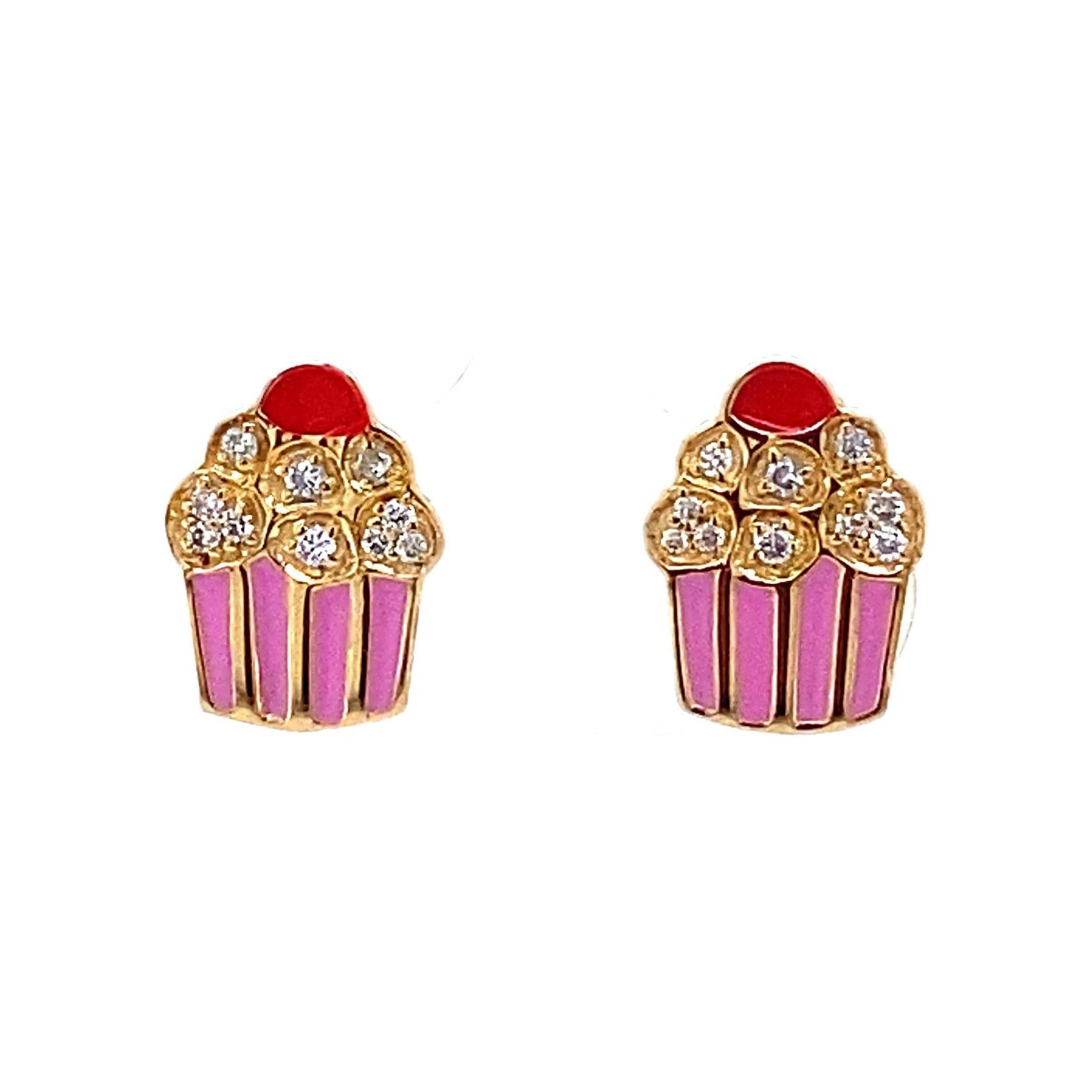 Emaillierte Cupcake-Diamant-Ohrringe mit geschliffenem Schliff für Mädchen/Kinder/Toddlers aus 18 Karat massivem Gold