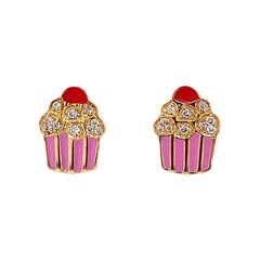 Emaillierte Cupcake-Diamant-Ohrringe mit geschliffenem Schliff für Mädchen/Kinder/Toddlers aus 18 Karat massivem Gold