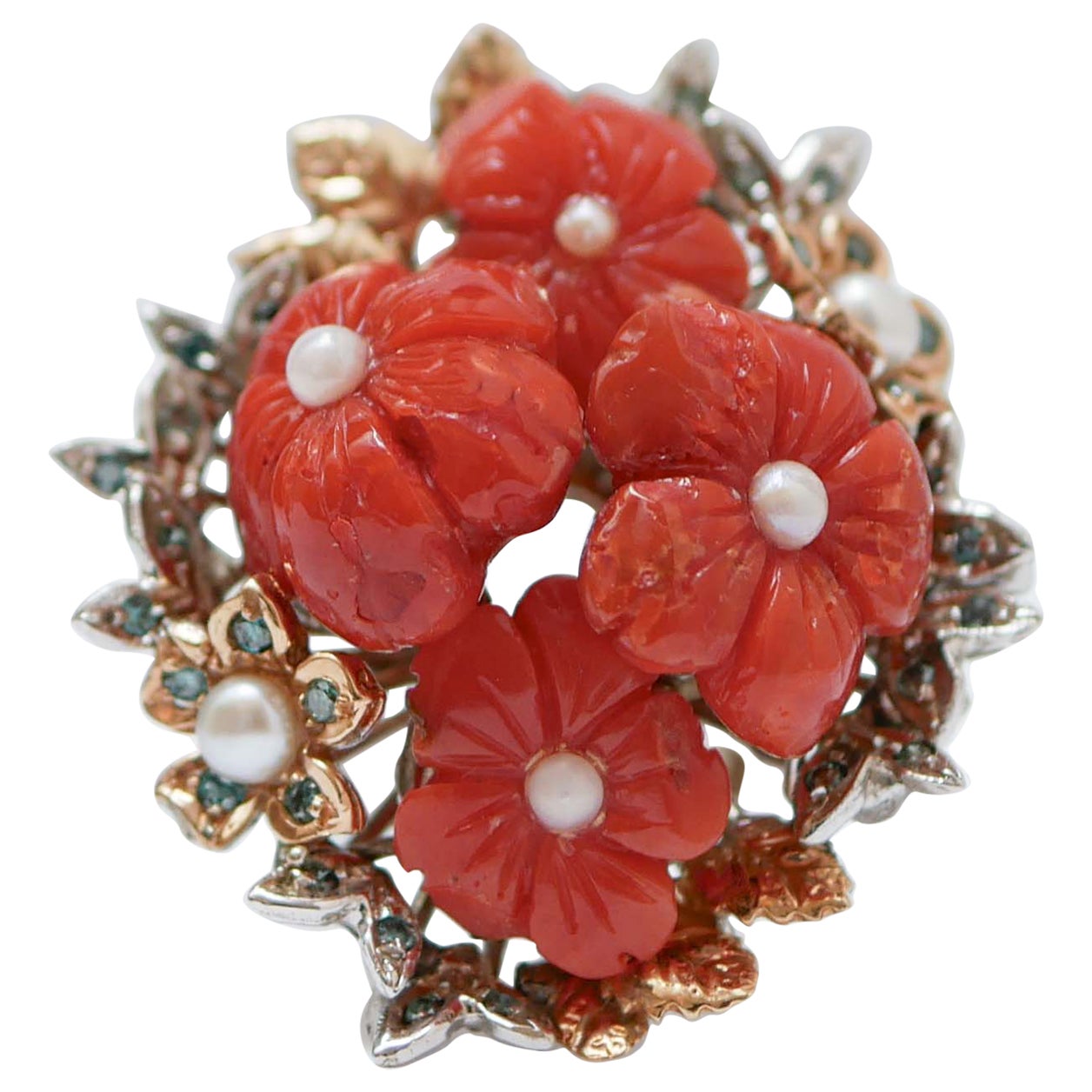 Coral, Fancy Diamonds, Pearls, 14 Karat White Gold and Rose Gold Ring.  For Sale